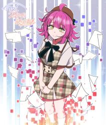 Rule 34 | 1girl, ahoge, alternate costume, black bow, blunt bangs, blush, bow, bowtie, closed mouth, dress, highres, looking at viewer, love live!, love live! sunshine!!, paper, pink hair, rlqns9995, short hair, short sleeves, smile, solo, standing, tearing up, tears, tennoji rina, yellow eyes