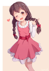 Rule 34 | 1girl, absurdres, blush, bow, braid, brown eyes, brown hair, commentary, doraemon, dress, feet out of frame, heart, highres, holding, holding hair, kachitoki, long hair, looking at viewer, minamoto shizuka, one eye closed, open mouth, pink dress, smile, solo, twin braids, twintails, two-tone background, two-tone dress, waist bow