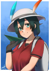 Rule 34 | 1girl, backpack, bag, black gloves, black undershirt, blue background, breasts, collarbone, commentary, dark green hair, gloves, green eyes, hat, hat feather, highres, john (a2556349), kaban (kemono friends), kemono friends, looking at viewer, medium breasts, paper airplane, red shirt, shirt, short hair, short sleeves, signature, smile, solo, split mouth, undershirt, upper body, white hat