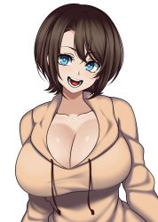 Rule 34 | 1girl, absurdres, blue eyes, breasts, brown hair, cleavage, collarbone, commentary request, highres, hood, hoodie, huge breasts, hz (666v), looking at viewer, open mouth, original, raised eyebrows, short hair, simple background, smile, solo, white background