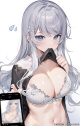 Rule 34 | 1girl, absurdres, black dress, blue eyes, blurry, bra, breasts, cellphone, cleavage, clothes lift, commentary, cropped, depth of field, dress, dress lift, english commentary, frown, grey hair, hair ornament, hairclip, highres, large breasts, lifted by self, lingerie, long hair, looking at viewer, machi (7769), mole, mole on breast, mouth hold, nail polish, navel, original, phone, sidelocks, smartphone, solo, stomach, underwear, very long hair, white bra