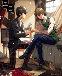 Rule 34 | 2boys, akechi gorou, amamiya ren, bedroom, black eyes, black hair, blazer, blush, bouquet, brown hair, calling card, closed mouth, collared shirt, commentary, crossed legs, english commentary, english text, facing another, flower, full body, gloves, goro orb, hair between eyes, highres, holding hands, jack frost (megami tensei), jacket, jewelry, kneeling, light particles, light rays, looking at another, male focus, marriage proposal, multiple boys, on bed, on one knee, persona, persona 5, persona 5 the royal, red eyes, red flower, red rose, ring, rose, school uniform, shirt, short hair, shuujin academy school uniform, single glove, sitting, speech bubble, sweatdrop, sweater vest, twitter username, unworn gloves, window, yaoi