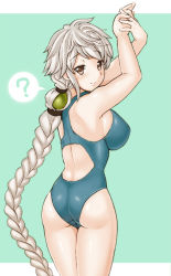 Rule 34 | 10s, 1girl, ?, alternate costume, arms up, ass, asymmetrical hair, back, bare arms, bare shoulders, blue one-piece swimsuit, braid, braided ponytail, breasts, brown eyes, competition swimsuit, from behind, impossible clothes, jitome, kantai collection, kurogane daichi, large breasts, light smile, long hair, looking at viewer, looking back, one-piece swimsuit, sideboob, silver hair, single braid, solo, spoken question mark, swimsuit, thighs, unryuu (kancolle), very long hair, wavy hair