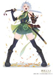 Rule 34 | 1girl, armor, black footwear, black thighhighs, boots, breasts, character request, combat boots, commentary request, copyright request, cross-laced footwear, detached sleeves, full body, gloves, green kimono, highres, holding, holding sword, holding weapon, imizu (nitro unknown), japanese armor, japanese clothes, katana, kimono, kote, lace-up boots, medium breasts, obi, open mouth, over shoulder, partially fingerless gloves, sash, scabbard, sheath, short hair, short kimono, shorts, shoulder armor, silver hair, sode, solo, standing, sword, thighhighs, weapon, weapon over shoulder, white shorts, yellow eyes