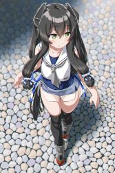 Rule 34 | 1girl, black hair, black thighhighs, blouse, blush, closed mouth, crop top, dd (ijigendd), from above, full body, green eyes, grey neckerchief, hair ribbon, headgear, highres, i-47 (kancolle), kantai collection, long hair, low-tied long hair, neckerchief, ribbon, sailor collar, sailor shirt, school swimsuit, see-through, see-through skirt, shirt, sidelocks, skirt, sleeveless, sleeveless shirt, smile, solo, standing, swimsuit, thighhighs, tress ribbon, white sailor collar