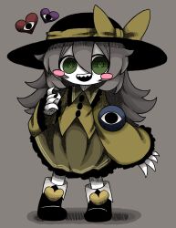 Rule 34 | 1girl, black footwear, black hat, blush stickers, boots, buttons, claws, empty eyes, fingernails, frilled shirt collar, frilled skirt, frilled sleeves, frills, full body, green eyes, green skirt, grey hair, hair between eyes, hat, hat ribbon, heart, highres, koishi komeiji&#039;s heart-throbbing adventure, komeiji koishi, long hair, long sleeves, looking at viewer, open mouth, pale skin, pigeon-toed, ribbon, ringed eyes, shaded face, sharp fingernails, sharp teeth, shirt, simple background, skirt, sleeves past wrists, smile, solo, standing, teeth, third eye, touhou, upper teeth only, yellow shirt, zunusama