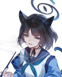Rule 34 | 1girl, animal ears, black eyes, black hair, black nails, black sailor collar, blue archive, blue halo, blue neckerchief, cat ears, cat tail, fingernails, frown, halo, haori, highres, holding, japanese clothes, kikyou (blue archive), looking at viewer, nail polish, neckerchief, open mouth, reeh (yukuri130), sailor collar, short hair, simple background, solo, tail, upper body, white background