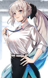 Rule 34 | 1girl, absurdres, black bow, black skirt, blue eyes, blush, bow, braid, breasts, collared shirt, dress shirt, fate/grand order, fate (series), french braid, grey hair, hair bow, highres, large breasts, long hair, long sleeves, looking at viewer, morgan le fay (chaldea satellite station) (fate), morgan le fay (fate), office lady, pencil skirt, ponytail, shirt, sidelocks, skirt, smile, solo, thighs, very long hair, white shirt, yoshimoto (carpsukidayo)