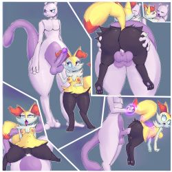 Rule 34 | 1boy, 1girl, :3, absurdres, anal, animal ear fluff, animal ears, animal hands, anus, ass, ass grab, black eyes, blue background, blush, boiful, border, braixen, breasts, cleft of venus, closed eyes, closed mouth, comic, constricted pupils, creatures (company), cum, cum in pussy, drooling, erection, eyeshadow, fox ears, fox tail, full body, furry, game freak, gen 1 pokemon, gen 6 pokemon, girl on top, half-closed eyes, hand up, happy, heart, heart in eye, hetero, highres, horns, huge ass, interspecies, large areolae, large penis, legendary pokemon, legs together, looking at another, looking back, looking to the side, looking up, makeup, medium breasts, mewtwo, motion lines, multiple views, navel, nintendo, open mouth, outline, pawpads, penis, pink eyes, pokemon, pokemon (creature), pokephilia, precum, purple eyes, pussy, rolling eyes, saliva, saliva trail, sex, shiny skin, simple background, size difference, smile, standing, stomach bulge, surprised, sweatdrop, symbol in eye, tail, telekinesis, testicle grab, testicles, thick thighs, thighs, tongue, tongue out, uncensored, vaginal, white border, white outline