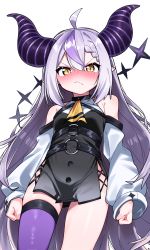 Rule 34 | 1girl, absurdres, ahoge, bare shoulders, black dress, blush, braid, braided bangs, braided bun, breasts, brown eyes, closed mouth, commentary, demon horns, detached sleeves, dress, from below, hair between eyes, hair bun, highres, hololive, horns, la+ darknesss, long hair, long sleeves, looking at viewer, looking down, multicolored hair, nose blush, o-ring, puffy long sleeves, puffy sleeves, purple hair, purple thighhighs, silver hair, simple background, single thighhigh, sleeveless, sleeveless dress, sleeves past wrists, small breasts, solo, streaked hair, striped horns, thighhighs, tosyeo, v-shaped eyebrows, very long hair, virtual youtuber, white background, white sleeves