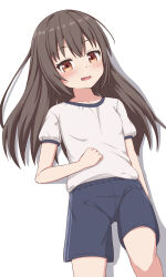 Rule 34 | 1girl, :d, black hair, blue shorts, blush, brown eyes, collarbone, commentary request, gym shirt, gym shorts, gym uniform, hair between eyes, highres, long hair, looking at viewer, open mouth, original, puffy short sleeves, puffy sleeves, shadow, shirt, short sleeves, shorts, simple background, smile, solo, takasuma hiro, very long hair, white background