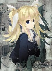 Rule 34 | 1girl, arimura hinae, blonde hair, blue eyes, bow, chaos;child, collarbone, drama cd, hair between eyes, hair bow, highres, hood, hood down, hooded jacket, jacket, long hair, looking at viewer, official art, parted lips, sailor collar, smile, solo, twintails, upper body, white bow, white sailor collar