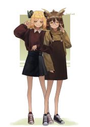 Rule 34 | 2girls, absurdres, apron, arknights, artist name, bare legs, black footwear, black skirt, blonde hair, brown apron, brown footwear, brown hair, brown shirt, brown sweater, closed mouth, collared shirt, commentary, feather hair, full body, glasses, green background, highres, horns, ifrit (arknights), locked arms, long sleeves, looking at viewer, multiple girls, orange eyes, parted lips, shirt, shoes, short hair, short twintails, silence (arknights), skirt, smile, sneakers, sweater, twintails, two-tone background, v, white background, yoon cook