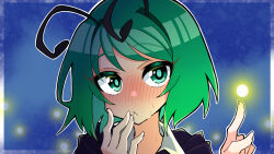 Rule 34 | 1girl, antennae, blush, bug, firefly, green eyes, green hair, insect, looking at viewer, neosiromaruzmc, one-hour drawing challenge, short hair, solo, sweatdrop, touhou, wriggle nightbug
