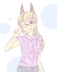 Rule 34 | 1girl, alternate costume, animal ears, bespectacled, blonde hair, ds (artist), ds (ndsl), eila ilmatar juutilainen, glasses, long hair, one eye closed, purple eyes, red-framed eyewear, smile, solo, strike witches, wink, world witches series
