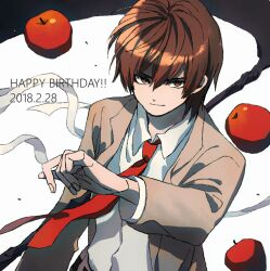 Rule 34 | 1boy, apple, arm up, blazer, brown eyes, brown hair, closed mouth, collared shirt, death note, evil smile, food, fruit, happy birthday, jacket, ka (marukogedago), light smile, looking at viewer, male focus, necktie, red necktie, school uniform, shirt, smile, solo, yagami light