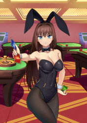 Rule 34 | 1girl, animal ears, aozaki aoko, bare shoulders, black bow, black leotard, black pantyhose, blue eyes, bow, bowtie, breasts, brown hair, card, casino, cleavage, closed mouth, collarbone, commentary request, covered navel, cqqz0707, detached collar, fake animal ears, fate/grand order, fate (series), female focus, hair between eyes, hair intakes, hand on own hip, highres, holding, holding card, indoors, large breasts, leotard, long hair, looking at viewer, mahou tsukai no yoru, pantyhose, playboy bunny, rabbit ears, smile, solo, strapless, strapless leotard, wrist cuffs