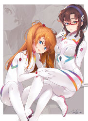 Rule 34 | 2girls, :d, absurdres, adjusting eyewear, ass, blue eyes, bodysuit, breasts, brown hair, covered navel, evangelion: 3.0+1.0 thrice upon a time, feet out of frame, full body, glasses, hair between eyes, hand on another&#039;s leg, hand up, highres, jiujiuyatou (yayanzz), leaning forward, legs, long hair, looking at viewer, makinami mari illustrious, medium breasts, multiple girls, neon genesis evangelion, open mouth, orange hair, plugsuit, rebuild of evangelion, sitting, skin tight, small breasts, smile, souryuu asuka langley, thighs, twintails, two side up, white bodysuit