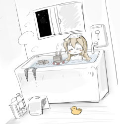 Rule 34 | 10s, 1girl, :3, bad id, bad pixiv id, bath, bird, blonde hair, chibi, closed mouth, duck, closed eyes, floating, hairband, kantai collection, long hair, partially submerged, rensouhou-chan, rubber duck, shimakaze (kancolle), window, yuasan, | |