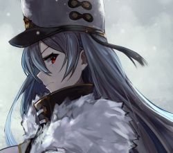 Rule 34 | 1girl, azur lane, breasts, closed mouth, coat, fur-trimmed coat, fur trim, gradient background, hat, high collar, long hair, looking at viewer, marshall k, military hat, mole, mole under eye, red eyes, silver hair, snowing, solo, sovetskaya rossiya (azur lane), white hat