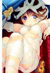 Rule 34 | 1girl, absurdres, amazuyu tatsuki, armpits, bandages, breasts, brown hair, from above, halloween, halloween costume, highres, jack-o&#039;-lantern, komaki ikuno, looking at viewer, lying, medium breasts, mummy costume, naked bandage, on back, open mouth, pumpkin, short hair, solo, tears, to heart, to heart (series), to heart 2, underboob