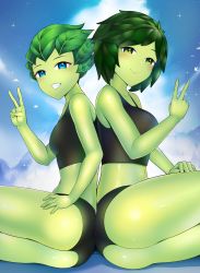 Rule 34 | 2girls, ass, back-to-back, bare shoulders, bird, black shorts, black tank top, blue eyes, blush, breasts, cloud, colored skin, commission, fang, from side, green eyes, green skin, grin, hand on own thigh, happy, highres, large breasts, looking at viewer, midriff, monster girl, multiple girls, navel, original, outdoors, pearl aureyama, plant girl, plant hair, short shorts, shorts, siblings, sisters, sitting, sky, smile, tank top, thighs, twilight, v, vanu aureyama, xiaodi