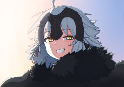 Rule 34 | 1girl, absurdres, ahoge, black cape, cape, commentary request, fate/grand order, fate (series), fur-trimmed cape, fur trim, grey hair, grin, headpiece, highres, jeanne d&#039;arc alter (avenger) (fate), jeanne d&#039;arc alter (avenger) (first ascension) (fate), jeanne d&#039;arc alter (fate), looking at viewer, nonoitou110, short hair, smile, solo, teeth, yellow eyes