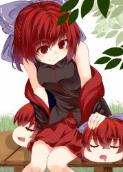 Rule 34 | 1girl, :o, black shirt, bow, breasts, cape, disembodied head, drooling, closed eyes, grass, hair bow, knees together feet apart, lap pillow, long sleeves, looking down, mouth drool, off shoulder, open mouth, outdoors, red eyes, red hair, red skirt, sekibanki, shirt, short hair, sitting, skirt, sleeping, smile, touhou, zetsumame