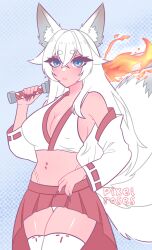 Rule 34 | 1girl, animal ears, armpits, bare shoulders, blue eyes, blush, breasts, cleavage, covering nipples, covering privates, fingernails, fire, fox ears, fox girl, fox tail, fylo state, highres, karina natsuki, large breasts, long hair, nail polish, navel, navel piercing, non-web source, panties, piercing, pixelroses ct, robe, sideboob, skirt, solo, sword, tail, thighhighs, thighs, underwear, weapon, white hair, white robe
