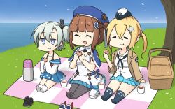 Rule 34 | 3girls, anthony (warship girls r), blanket, blonde hair, blue sky, braine (warship girls r), brown hair, cassin young (warship girls r), character request, cherry blossoms, cookie, cup, day, eating, food, grass, hamu koutarou, hanami, hat, highres, holding, holding food, mini hat, multiple girls, ocean, outdoors, picnic, picnic basket, unworn shoe, shoes, unworn shoes, sky, star (symbol), tea, thermos, tree, twintails, warship girls r