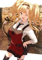 Rule 34 | 1girl, akita hika, apron, black necktie, black skirt, blonde hair, blue eyes, blush, braid, breasts, collared shirt, commentary request, dress shirt, granblue fantasy, hair intakes, hairband, highres, large breasts, long hair, long sleeves, looking at viewer, necktie, one eye closed, open mouth, red apron, shirt, sidelocks, skirt, smile, solo, tray, twintails, white shirt, zeta (granblue fantasy)