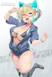 Rule 34 | 1girl, absurdres, bikini, black bikini, black thighhighs, blonde hair, blue shirt, blush, bracelet, breasts, buttons, center opening, character request, cleavage, collarbone, copyright request, glasses, headpiece, highres, jewelry, large breasts, looking at viewer, open mouth, red eyes, ring, sharekoube, shirt, short hair, short sleeves, smile, swimsuit, thighhighs, thighs, w