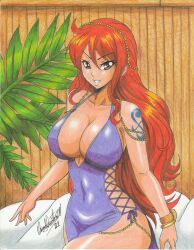 Rule 34 | 1girl, 2021, alternate costume, arm tattoo, breasts, brown eyes, cleavage, covered navel, curvy, dress, highres, jewelry, large breasts, long hair, nami (one piece), nami (one piece) (post-timeskip), nami (one piece) (zou), no bra, no panties, official alternate costume, one piece, orange hair, purple dress, ravernclouk design, revealing clothes, short shorts, shorts, smile, solo, tattoo, tight clothes, traditional media, wide hips