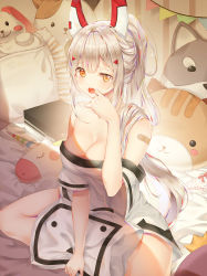 Rule 34 | 1girl, :&lt;, alternate breast size, animal-shaped pillow, ayanami (azur lane), azur lane, bad id, bad pixiv id, bandaid, bandaid on shoulder, bare shoulders, bed, bedroom, blue hair, blush, blush stickers, bow, bow panties, box, breasts, cat-shaped pillow, cleavage, dog-shaped pillow, hair between eyes, hair over shoulder, half-closed eye, hand up, headgear, holding, holding pillow, indoors, large breasts, light particles, long hair, looking at viewer, mellozzo, multicolored hair, niconico, off shoulder, on bed, open mouth, orange eyes, panties, unworn panties, pillow, polka dot, polka dot panties, ponytail, red hair, shade, shirt, short sleeves, sidelocks, silver hair, sitting, solo, streaked hair, tears, underwear, uneven eyes, unicorn-shaped pillow, very long hair, waking up, white panties, white shirt, yawning