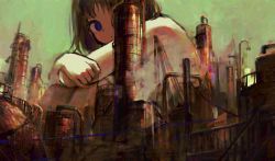 Rule 34 | 1girl, absurdres, brown hair, closed mouth, completely nude, crossed arms, factory, from side, giant, giantess, green background, highres, looking at viewer, looking to the side, nude, one eye covered, original, purple eyes, simple background, sitting, solo, tentsuu (tentwo)