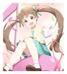 Rule 34 | 1girl, :d, ahoge, blush, bow, brown cardigan, brown eyes, brown hair, cardigan, dress, frilled dress, frilled socks, frills, grabbing, gradient background, green dress, green ribbon, hair ribbon, hakozaki serika, highres, idolmaster, idolmaster million live!, idolmaster million live! theater days, knees together feet apart, loafers, long hair, looking at viewer, musical note, open mouth, reaching, reaching towards viewer, ribbon, shoes, short sleeves, simple background, sitting, skirt, smile, socks, solo, toma (shinozaki), twintails, very long hair, white socks