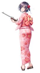 Rule 34 | 1girl, absurdres, alternate costume, ass, black hair, blush, breasts, flower, full body, hair over one eye, highres, holding, japanese clothes, kimono, lilith-soft, medium breasts, official alternate costume, official art, purple eyes, sandals, sano toshihide, shishimura koro, short hair, simple background, solo, standing, taimanin (series), taimanin asagi, taimanin rpgx, toy gun, white background
