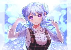 Rule 34 | 1girl, alternate hairstyle, bang dream!, belt, blouse, blue hair, blush, braid, check commentary, clenched hand, closed mouth, collared shirt, commentary, commentary request, double bun, earrings, gen (gen m gen), grey vest, hair bun, hand in own hair, hand on own chest, highres, jellyfish, jewelry, light blue hair, long hair, long sleeves, looking at viewer, matsubara kanon, open mouth, plaid, plaid vest, purple eyes, see-through, see-through sleeves, shawl, shirt, skirt, smile, solo, vest, white shirt, white skirt