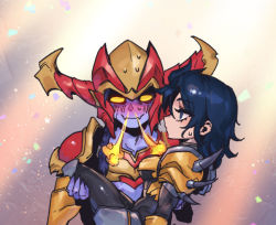 Rule 34 | 1boy, 1girl, armor, black bodysuit, black hair, blue skin, blush, bodysuit, breasts, carrying, closed mouth, colored sclera, colored skin, commentary, fangs, from side, genderswap, genderswap (ftm), genderswap (mtf), gold armor, helmet, jarvan iv (league of legends), large breasts, league of legends, long hair, multicolored background, phantom ix row, princess carry, red armor, shiny clothes, shoulder armor, shoulder plates, shyvana, skin fangs, spiked armor, symbol-only commentary, yellow sclera