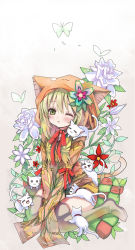 Rule 34 | &gt; &lt;, 1girl, :3, = =, animal hat, black thighhighs, blonde hair, blush, bug, butterfly, cat, cat hat, choker, closed eyes, flower, green eyes, hat, insect, long sleeves, md5 mismatch, one eye closed, original, ribbon choker, shino (eefy), sitting, solo, tears, thighhighs, wink, zettai ryouiki