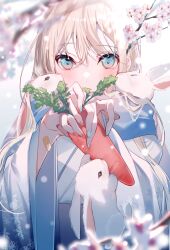 Rule 34 | 1girl, bandaid, blonde hair, blue eyes, blue nails, blush, carrot, cherry blossoms, commentary request, day, highres, holding, holding carrot, japanese clothes, kimono, light frown, long hair, long sleeves, looking at viewer, miwano rag, multicolored eyes, original, outdoors, rabbit, red nails, sidelocks, solo, tree, white kimono, wide sleeves