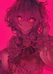 Rule 34 | 1girl, absurdres, bare shoulders, betabeet, bow, bowtie, buttons, clothing cutout, double-breasted, dress, eyelashes, flower, glowing, glowing eyes, grabbing, hair flower, hair ornament, highres, lazulight, looking at viewer, medium hair, monochrome, nijisanji, nijisanji en, pink background, pink theme, plant, red background, red dress, red flower, red rose, red theme, rose, rosemi lovelock, rosemi lovelock (1st costume), short sidetail, shoulder cutout, solo, thorns, upper body, vines, virtual youtuber, yandere