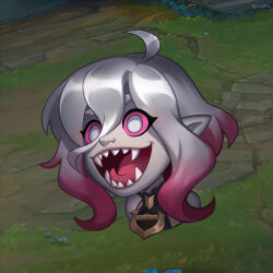 Rule 34 | 1girl, :d, ahoge, bare shoulders, briar (league of legends), colored sclera, cropped shoulders, fangs, grey eyes, grey hair, hair between eyes, highres, league of legends, official art, open mouth, outdoors, pink hair, pink sclera, sharp teeth, smile, solo, stella chen yui, teeth, tongue