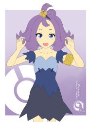 Rule 34 | 1girl, acerola (pokemon), armlet, artist name, blue eyes, child, claw pose, clenched hands, collarbone, creatures (company), dress, elite four, eyelashes, facing viewer, feet, fingernails, flat chest, game freak, gen 7 pokemon, hair ornament, hands up, happy, legs, looking at viewer, medium hair, multicolored clothes, multicolored dress, neck, nintendo, open mouth, orcaleon, parted bangs, patch, poke ball symbol, pokemon, pokemon sm, purple dress, purple hair, purple theme, short-sleeved dress, short dress, short ponytail, short sleeves, sidelocks, smile, standing, stitches, thighs, toenails, toes, two-tone background, upper body