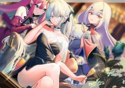 Rule 34 | 3girls, baobhan sith (fate), baobhan sith (first ascension) (fate), black bow, black dress, blue eyes, bow, braid, collarbone, crossed legs, detached sleeves, dress, fate/grand order, fate (series), french braid, grey eyes, hair bow, long hair, melusine (fate), melusine (second ascension) (fate), morgan le fay (fate), mother and daughter, multiple girls, platinum blonde hair, pointy ears, poligon (046), ponytail, red dress, short dress, sidelocks, sitting, smile, white hair, yellow eyes