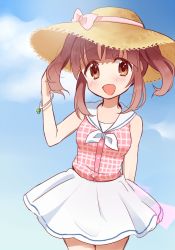 Rule 34 | 1girl, :d, bad id, bad twitter id, bow, bracelet, brown eyes, brown hair, commentary request, cowboy shot, hand up, hat, hat bow, idolmaster, idolmaster cinderella girls, jewelry, lens flare, looking at viewer, miyuara, neckerchief, ogata chieri, open mouth, pink bow, pink shirt, plaid, plaid shirt, sailor collar, shirt, sidelocks, skirt, sleeveless, sleeveless shirt, smile, solo, straw hat, twintails, white neckerchief, white skirt