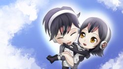 Rule 34 | 10s, 1boy, 1girl, black hair, brown eyes, carrying, chibi, cloud, commentary, couple, closed eyes, grape-kun, headphones, highres, humboldt penguin (kemono friends), jay156, kemono friends, open mouth, personification, princess carry, smile, tears