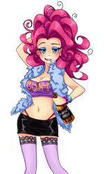 Rule 34 | 1girl, alcohol, blue eyes, bracelet, breasts, eyebrows, eyelashes, eyeshadow, feather boa, highleg, highleg panties, jewelry, makeup, midriff, my little pony, my little pony: friendship is magic, nail polish, navel, open mouth, panties, personification, pink hair, pinkie pie, prostitution, semehammer, smoking, solo, strapless, thighhighs, tube top, underwear, zettai ryouiki