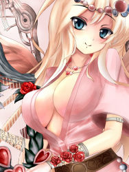Rule 34 | 1girl, aphrodite (lord of vermilion), blonde hair, blue eyes, blush, bracer, breasts, cleavage, flower, harp, heart, instrument, jewelry, large breasts, long hair, looking at viewer, lord of vermilion, necklace, red rose, rose, smile, solo, wahara romasa