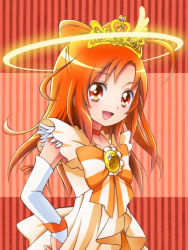 Rule 34 | 10s, 1girl, asahi haru, bow, bow-shaped hair, brooch, choker, cure sunny, cure sunny (princess form), dress, halo, hand on own hip, hino akane (smile precure!), jewelry, long hair, magical girl, matching hair/eyes, orange dress, orange eyes, orange hair, orange theme, precure, red background, ribbon, smile, smile precure!, solo, striped, striped background, tiara